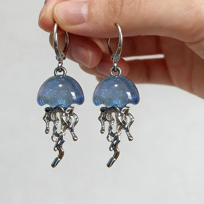Authentic Blue Jellyfish Ocean Pendant Earrings Girls Unique Aesthetic 2000S Harajuku Emo Jewelry Accessories
