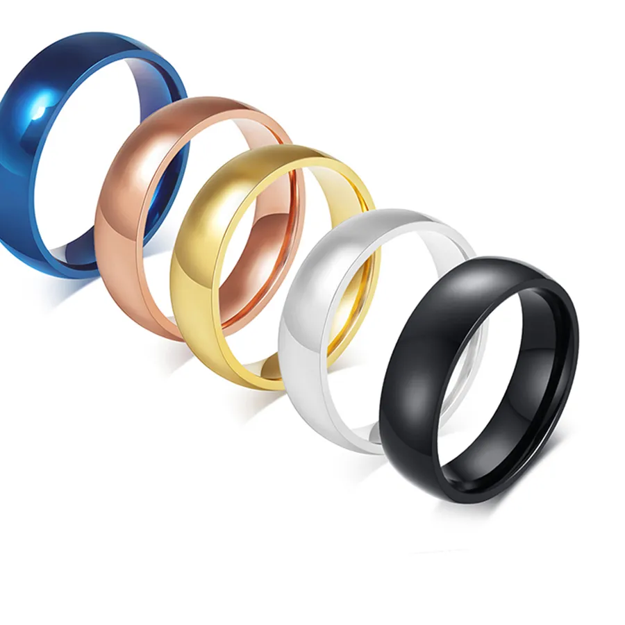 Authentic Unisex 6mm Classic Black Blue Rose Gold Color Men Rings Fashion Jewelry Stainless Steel Big Size 4 5 6 7 8 9 10 11 12 13 14 15