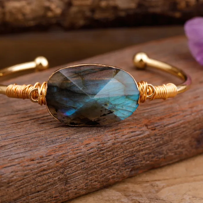 Authentic Labradorite Radiance Hand Woven Gold Plated Bangle Of Cosmic Light