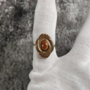 Authentic 18K Gold Plated Engraved Amber- Tone Circle Stone Ring