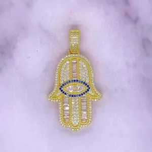 Authentic Radiant Hamsa Hand Pendant In 14K Gold Plate And Real Moissanite
