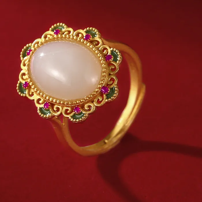 Authentic Celestial Jade Blossom Ring Diamond Encrusted Petal Of Serenity