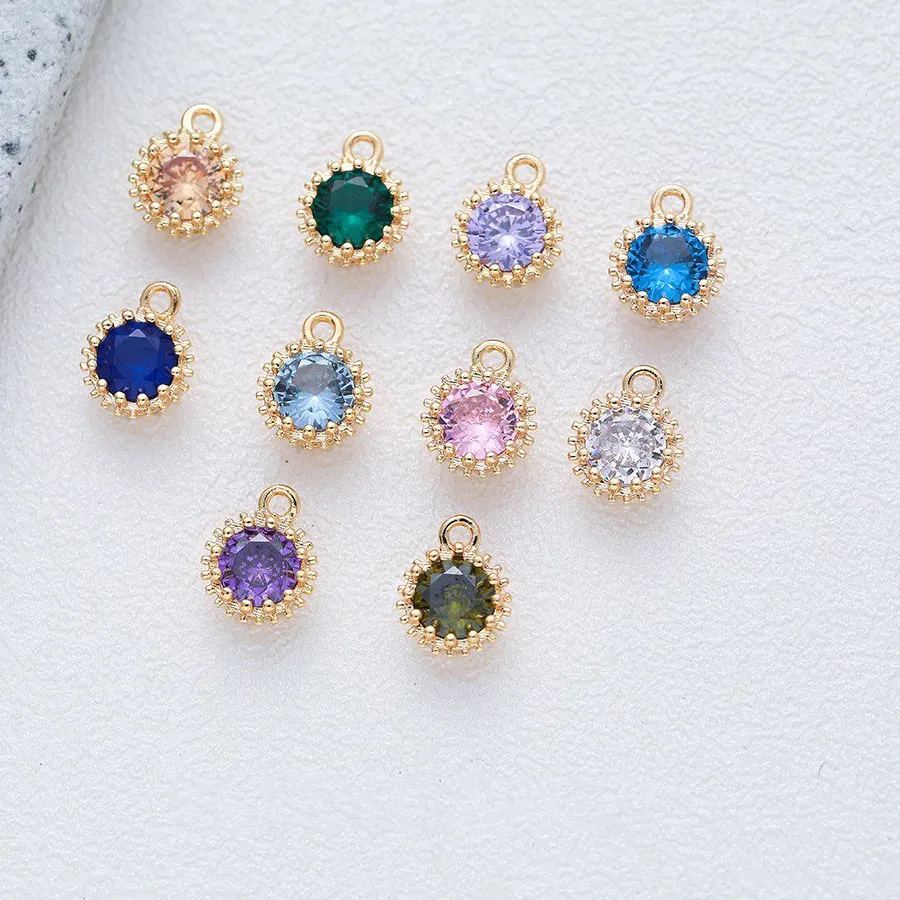 Authentic 2PCS 7*9mm Round Zircon Pendant Necklace Bracelet Charms for Jewelry Making Supplies DIY Brass14k Gold Plated Accessories