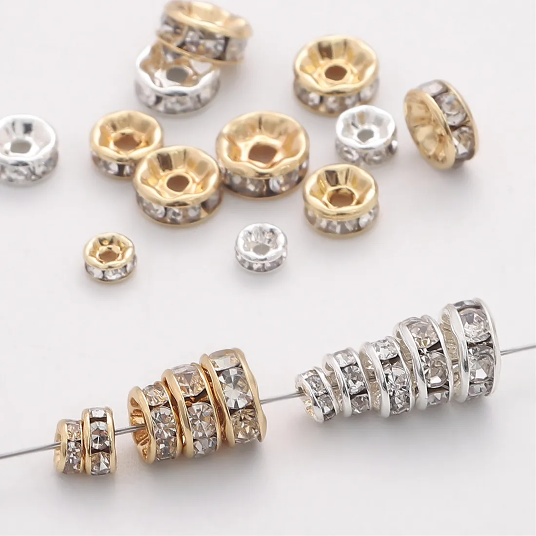 Authentic 10pcs 4/5/6/7/8mm Silver/Gold Color Plated Rhinestone Beads Copper Spacer Beads for DIY Bracelet Charms Jewelry Making Materials