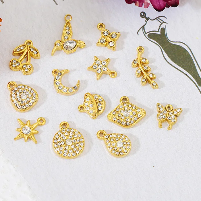 Authentic 5pcs Stainless Steel Butterfly Cherry Leaf Charms 18K Gold Color Zircon Pendants for Bracelet Necklace Earring Jewelry Making