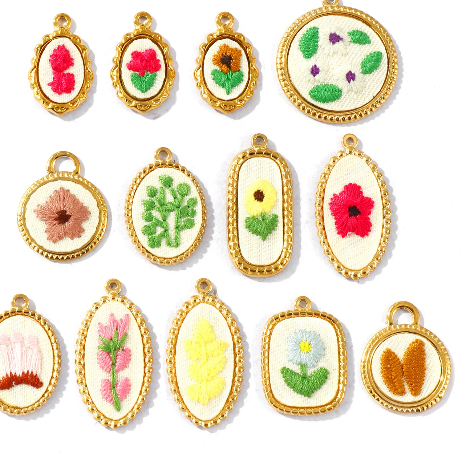 Authentic 2Pcs Multicolor Geometric Flower Leaf Embroidered Charms 18K Gold Plated 304 Stainless Steel Pendant DIY Necklace Jewelry Making