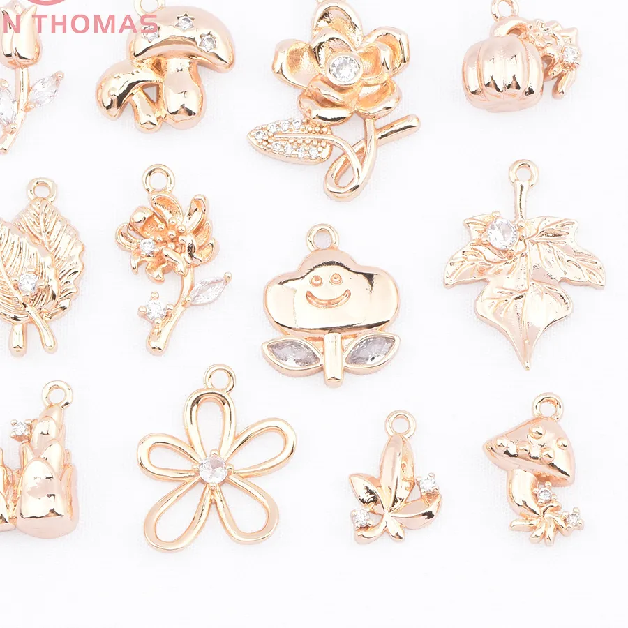Authentic (9264) 4PCS 24K Gold Color Brass with Zircon Plant Series Flower Leaf Shaped Pendants High Quality DIY Jewelry Making Findings