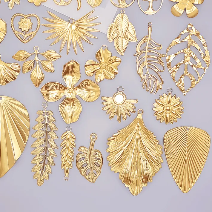 Authentic 6pcs Gold Color Stainless Steel Charms For Jewelry Making Supplies Plant Leaf Flower Pendant Charm Cherry Pepper Sunflower Charm