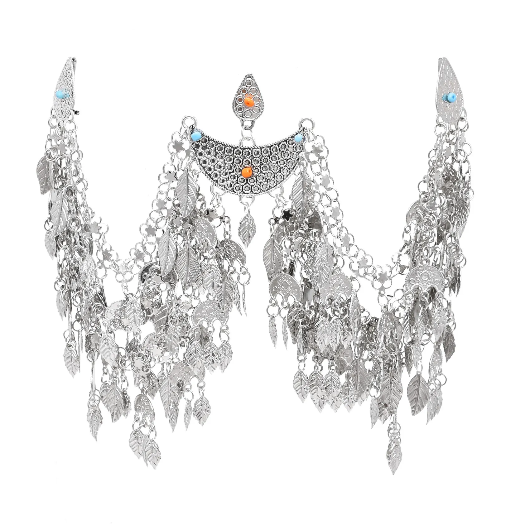Authentic Assyrian Style Bohemian Ethnic Hairband Silver Plated Multi Layered Leaves Tassel Headwear Jewelry Accessories Gift