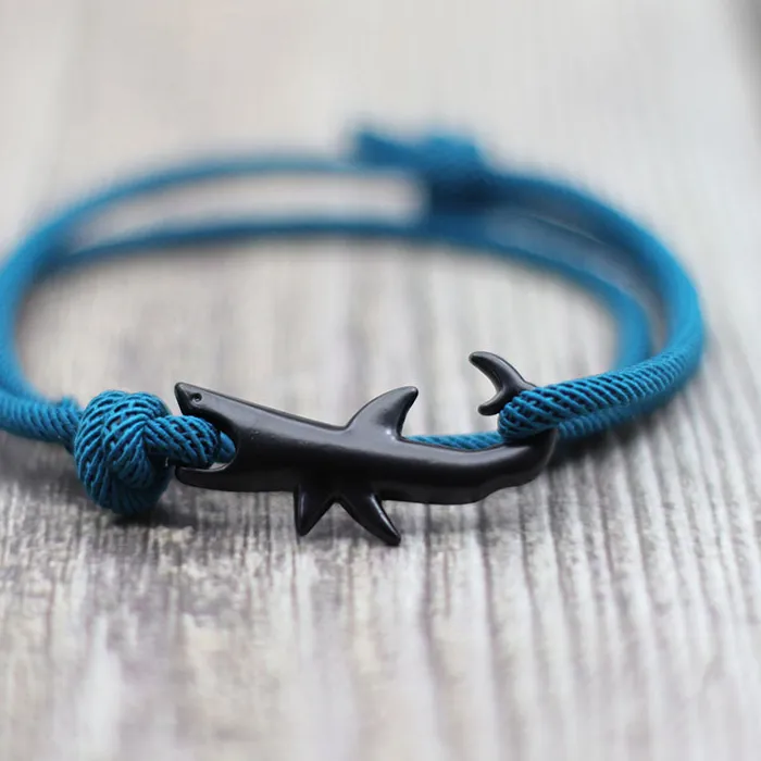 Authentic Nautical Bracelet Black Shark Braslet Sliding Adjustable 3Mm Milan Cord Chain Summer Beach Surfer Jewelry Accessories