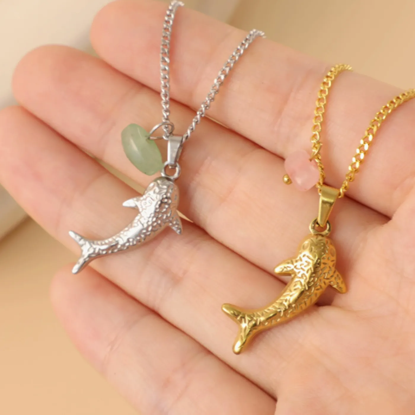 Authentic Niche Beach Seaside Vacation Ocean- Themed Personalized Shark Natural Stone Pendant Necklace