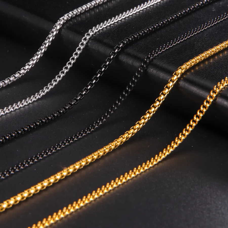 Authentic Skyrim Fashion 60cm Long Box Chain Necklace Men Stainless Steel Black Gold Color Link Chains Basic Punk Jewelry Wholesale