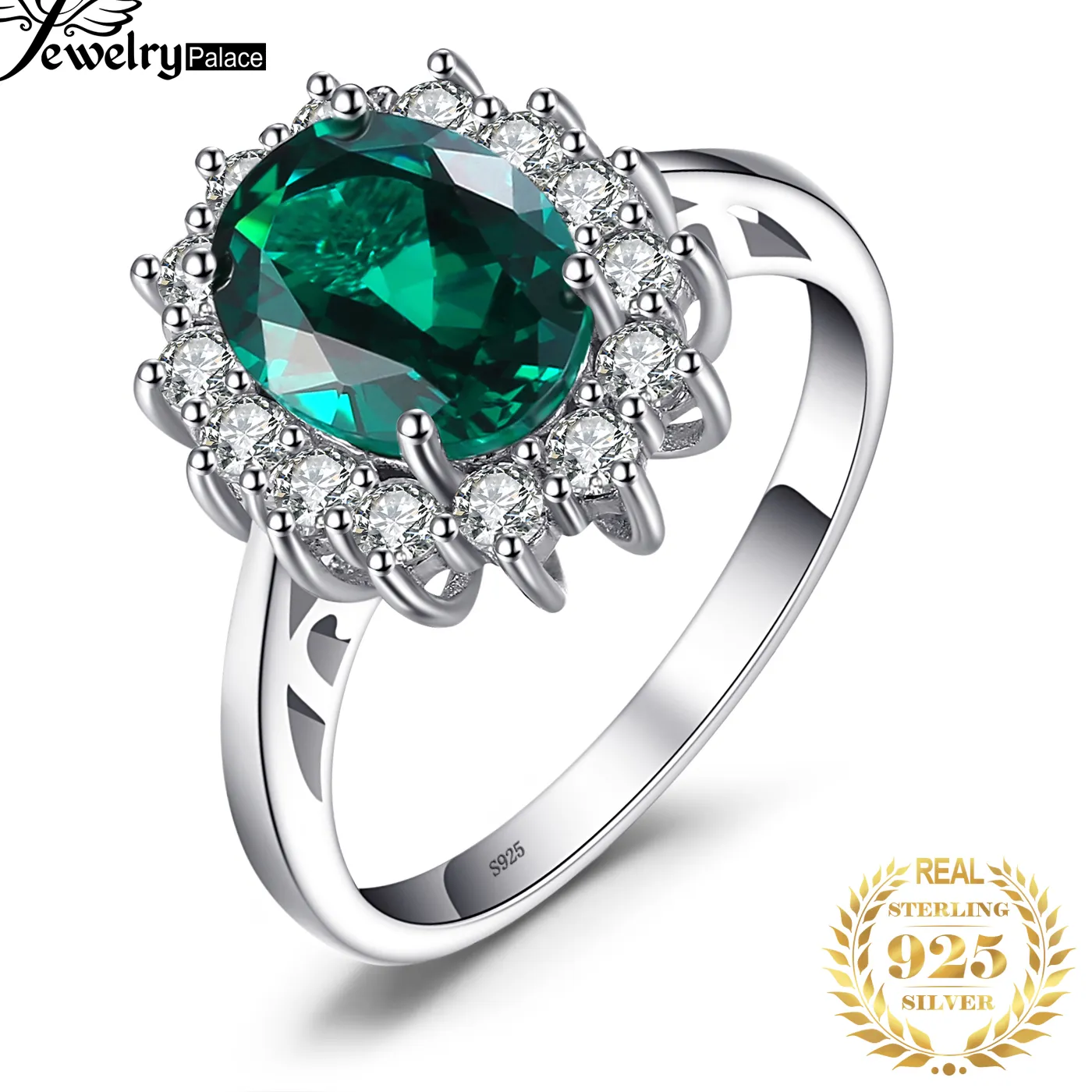 Authentic Jewelrypalace Princess Diana Simulated Green Emerald Created Red Ruby Halo Ring 925 Sterling Silver Ring