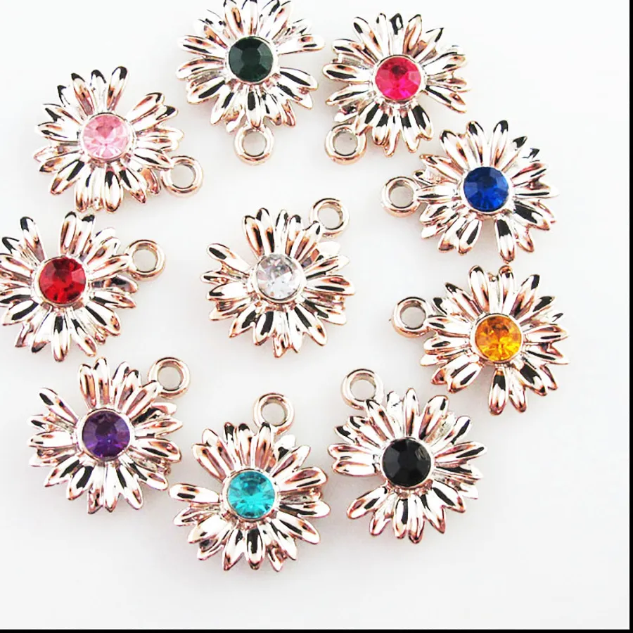 Authentic 30Pcs Mixed Crystal KC Gold Color Flower Daisy Charms Pendants 21x24mm