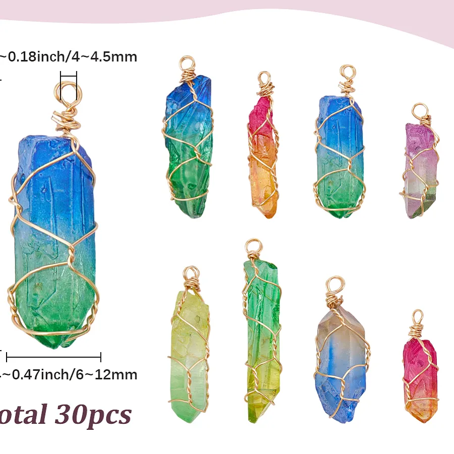 Authentic 30Pcs Dyed Quartz Bead Pointed Pendants with Eco-Friendly Copper Wire Two Tone Charms Mixed Color Real 18K Gold Plated