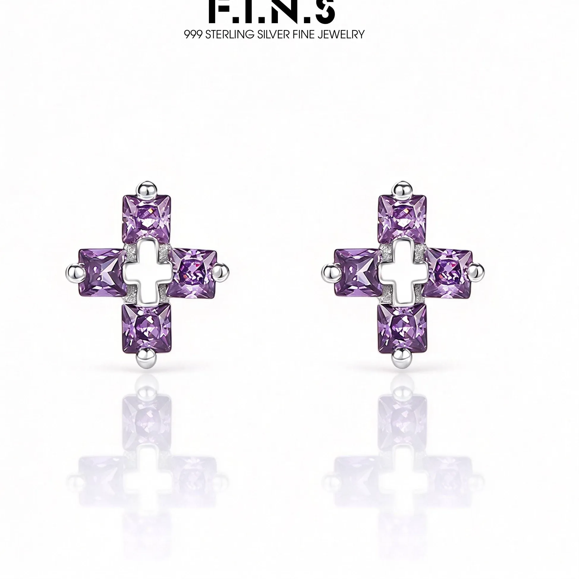 F.i.n.s Pure 999 Sterling Silver Purple Cross Zircon Stud Earrings Fine Jewelry Anti- Allergy Accessories