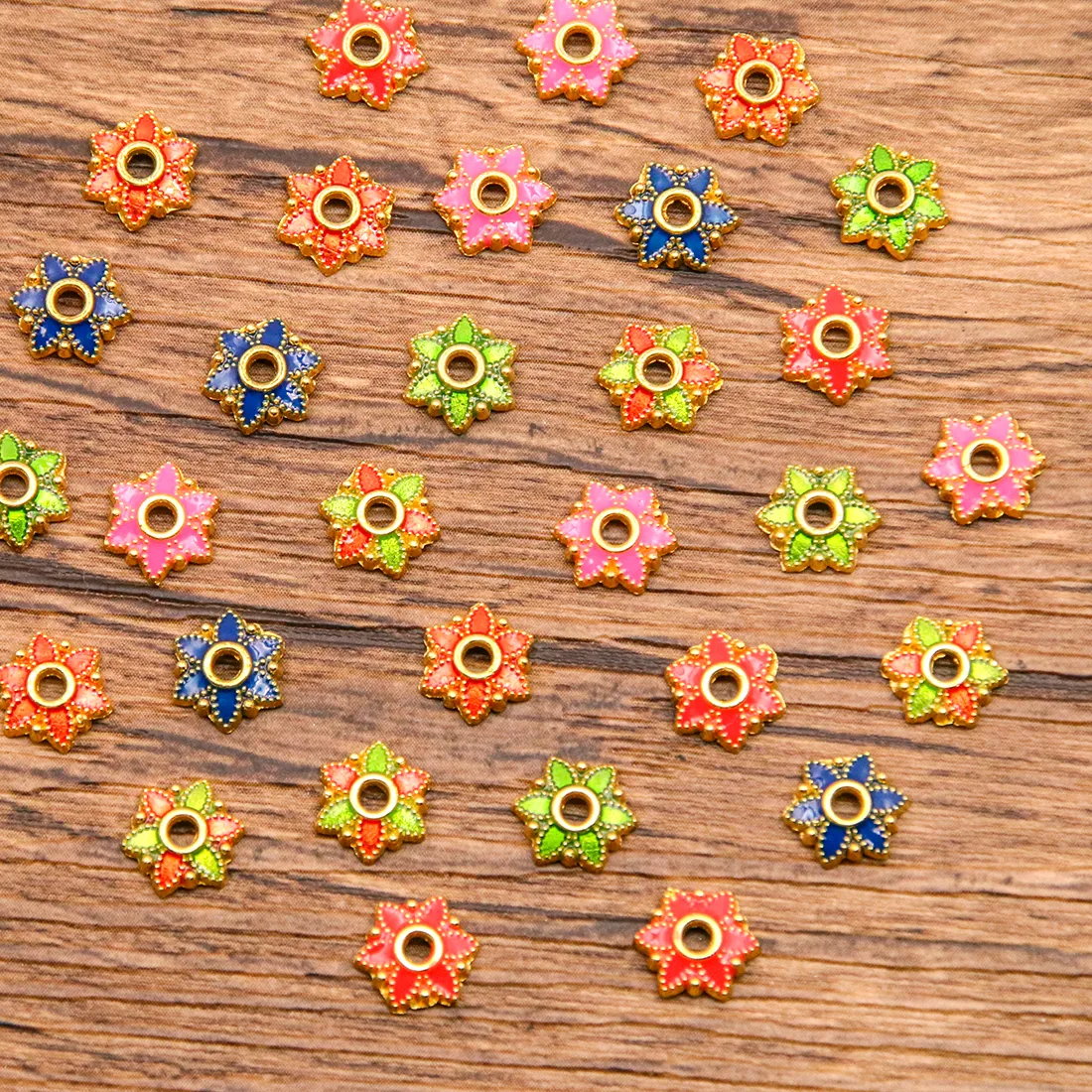 Authentic 30Pcs 6Color 8*7MM Gold Plated Small Flowers Bead Caps Metal Alloy Enamel Dripping Oil Flower For DIY Jewelry Making Accessories
