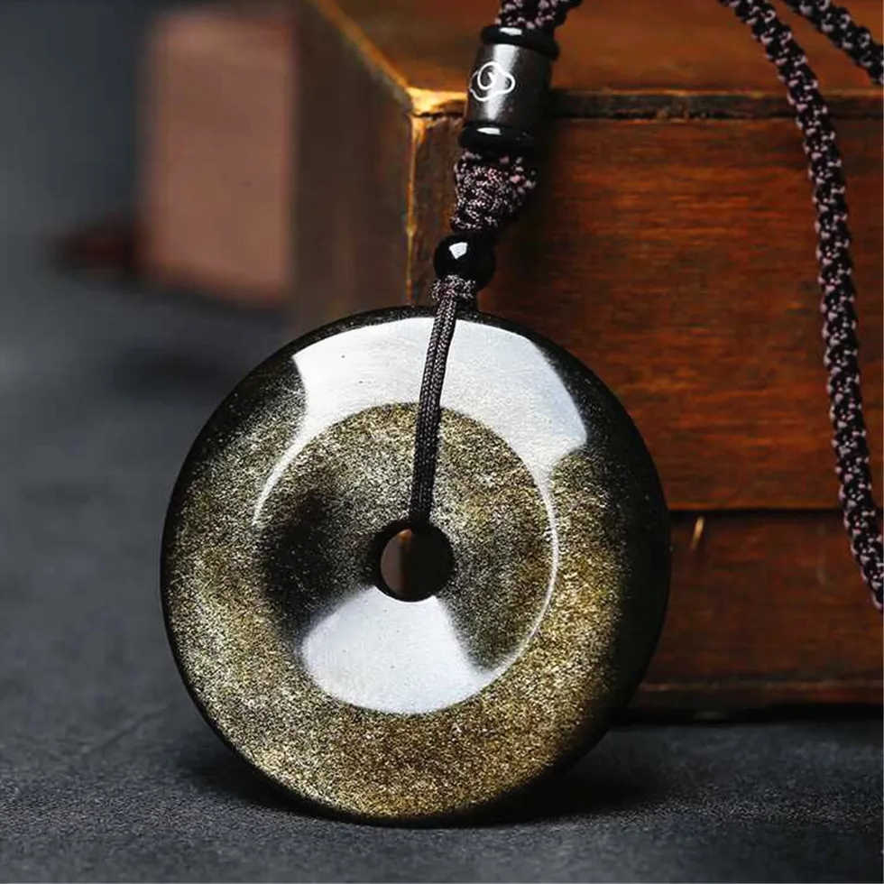 Authentic Natural Gold Obsidian Pendant Jewelry For Women Men Round Dout Peace Buckle Crystal Stone 25-30mm Beads Rope Chains AAAAA