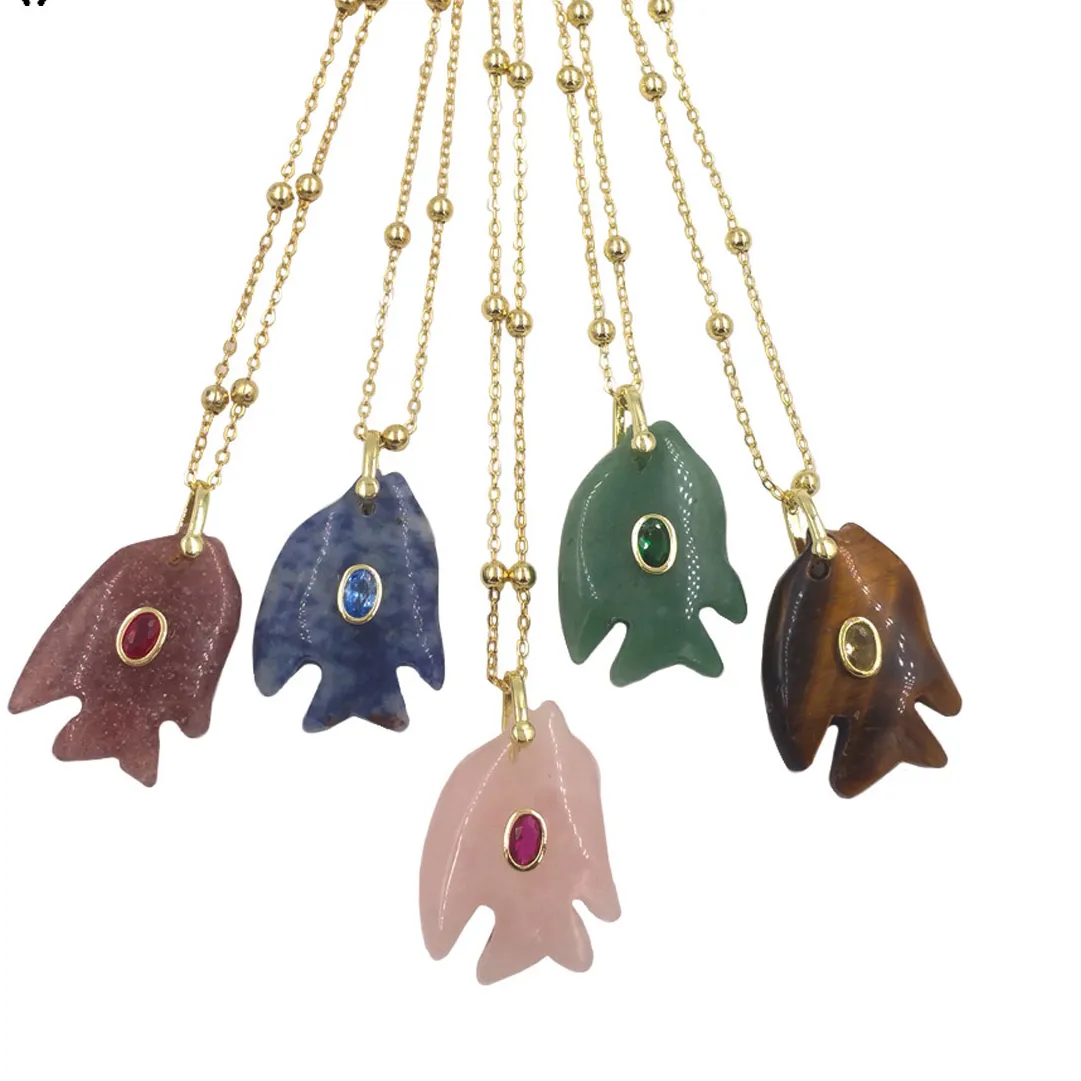 Authentic WT-N1511 Lovely Fish Charms Colored Gemstone White Crystal Quartz Tigereye Stone Pendants Fine Beads Chain Necklace