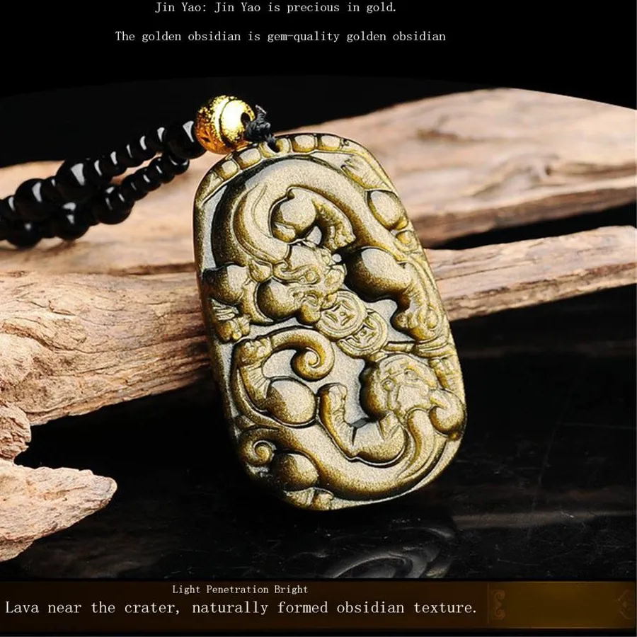 Authentic Natural Gold Obsidian Pixiu Pendant Engraver Customized Amulet Mascot Charm Luxury Fine Jewelry Best Selling Handicraft