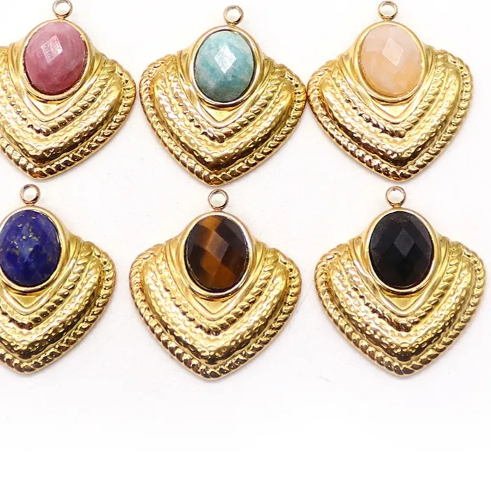 Authentic 6PC/lot Fashion Fan Heart Charm Gold Silver Stainless Steel Natural Amazonite Obsidian Stone Pendant for Jewelry Making Earrings