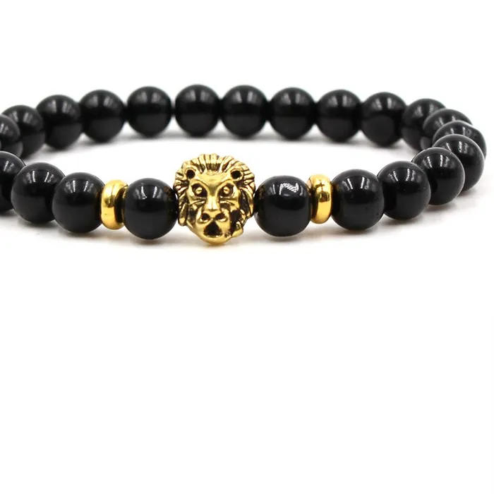 Authentic Fashion Men' Jewelry Black Obsidian Gold Silver Lion Head Charm Bracelets & Bangles for Women New Friendship Jewelry Gift