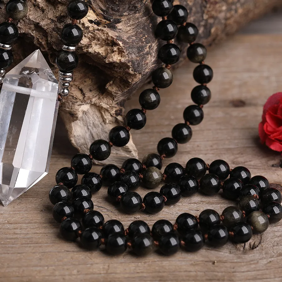 Authentic Natural White Quartz Double Stick Point Pendant 8mm Gold Obsidian Stone Round Beads Cord Knotted Handmade Necklace Jewelry