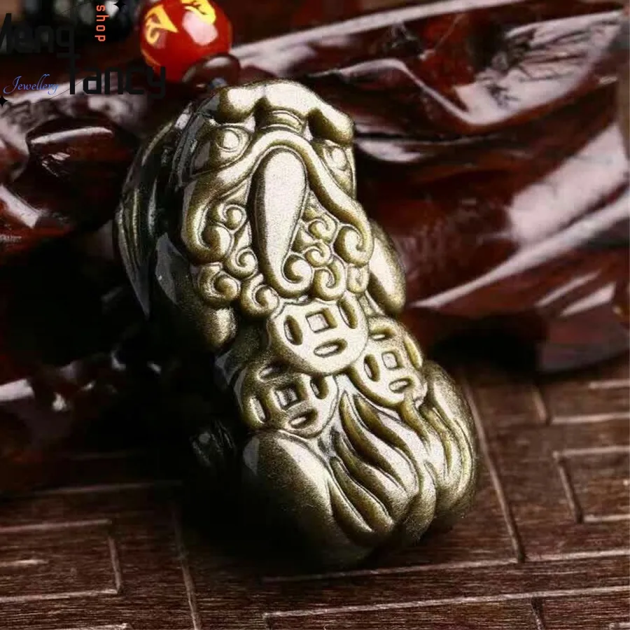 Authentic Natural Gold Obsidian Pixiu Pendant Charms Fashion Couple Luxury Women Men Engraver Jewelry Necklace Amulet Mascots Holiday Gift
