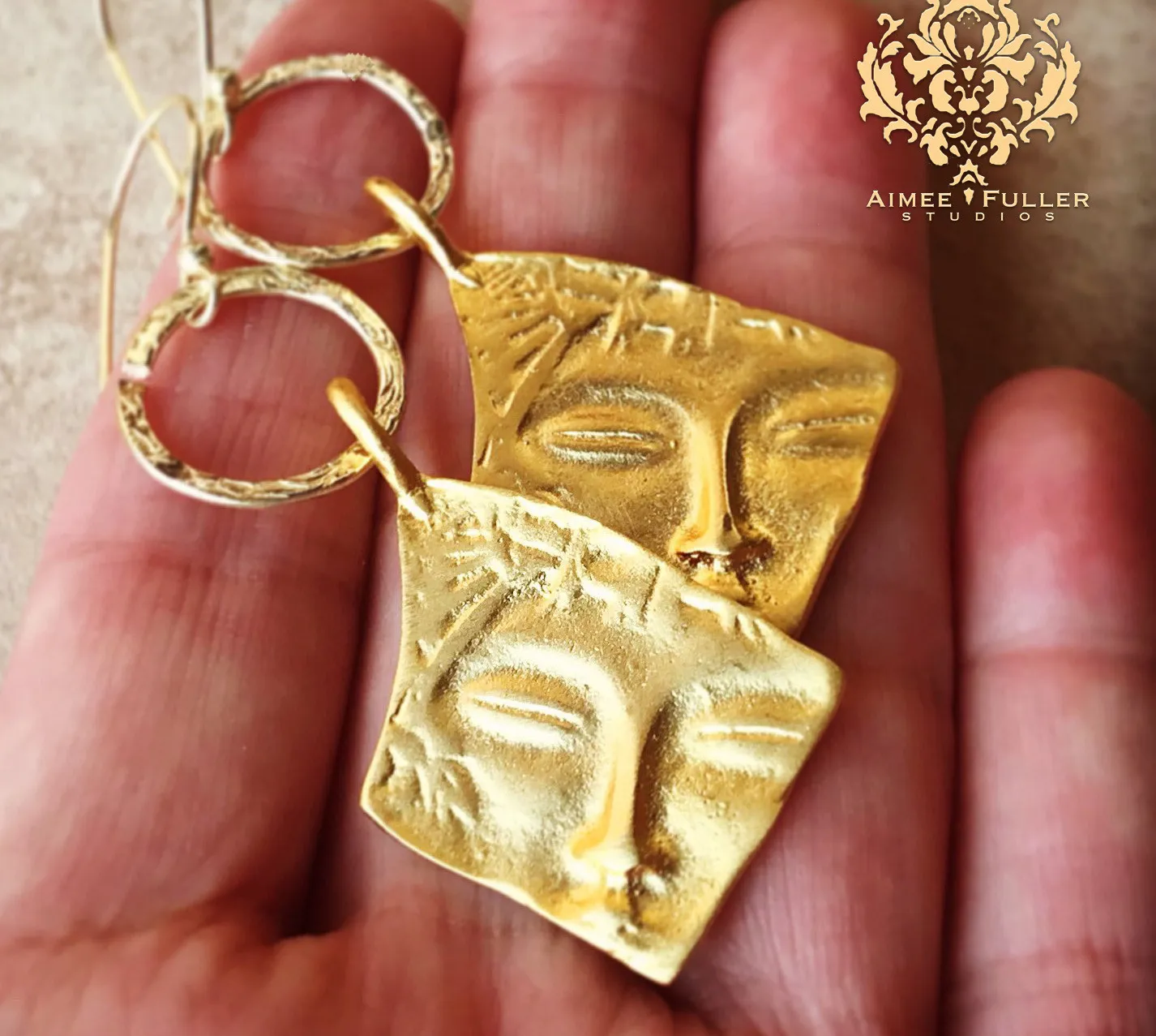 Authentic Visage Of The Ancients 22K Matte Gold Tribal Mask Dangle Earrings
