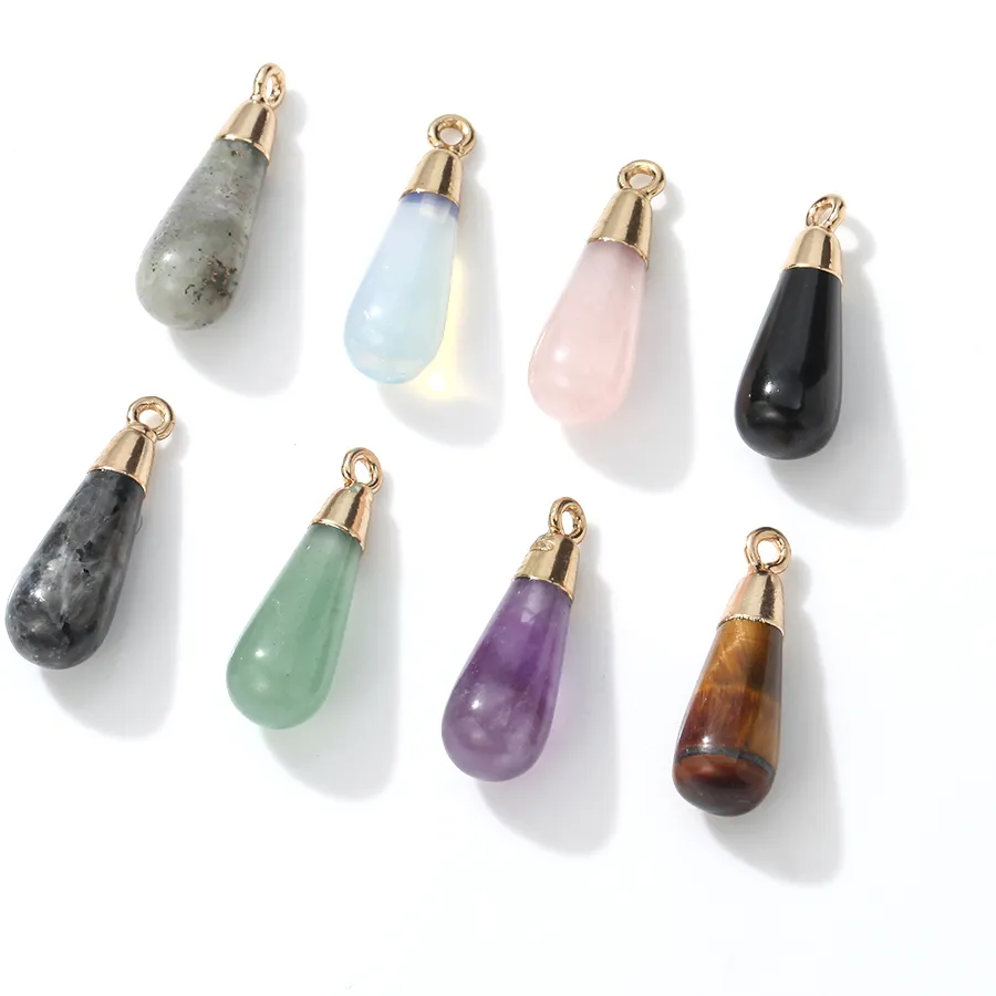Authentic 2pcs 8x25mm Natural Labradorite Amethyst Teardrop Pendant Plated Loop Loose Beads for Jewelry Making DIY Bracelet Accessories