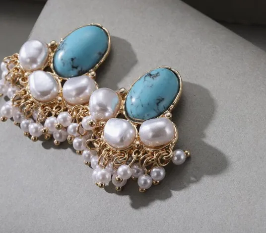 Authentic Celestial Tides Blue Turquoise And White Pearl Gold- Plated Talisman Dangle Earrings