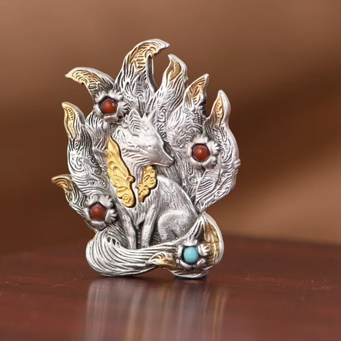Authentic S925 Vintage Gold Plated Nine-Tailed Charm Silver Unisex Necklace Pendant