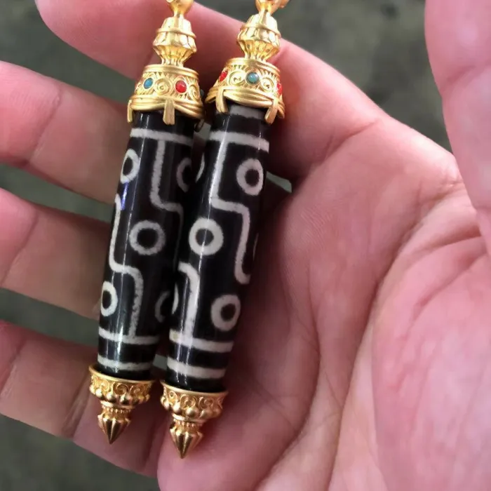 Authentic Nine-Eyed Inlaid With Gold Pendant Agate Dzi Bead Jewelry