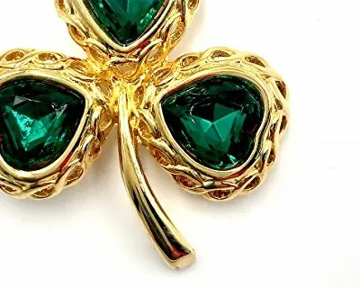 Authentic IRISH Shamrock Gold Plated Brooch Pin with 3 Heart Cabochons