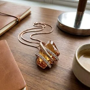 Authentic Wish Stone Necklace Amber Brown Crystal Rose Gold Plated Pendant