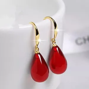 Authentic Earrings Drop Red Amber Blood Amber 925 Sterling Silver Gold Plated
