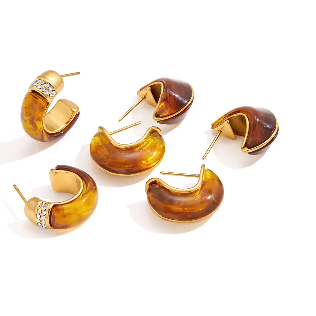 Authentic Pvd Gold Plated Amber Resin Hoop Earrings, Chunky C Shape Statement Jewelry