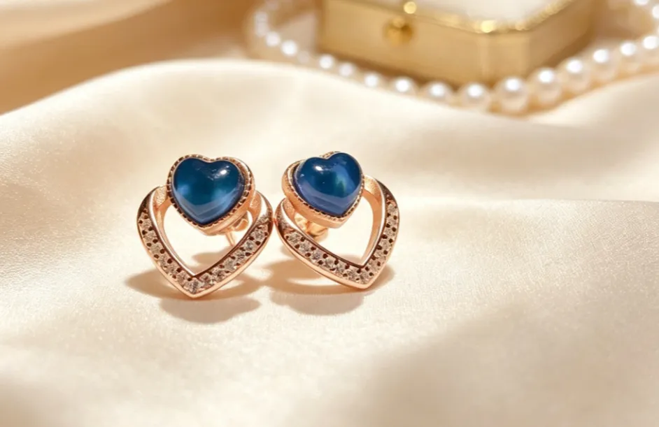 Authentic Certificated 925 Silver Natural Mexican Blue Amber Double Heart Stud Earrings Rose Gold Plated Romantic Love Ear Dangle Jewelry