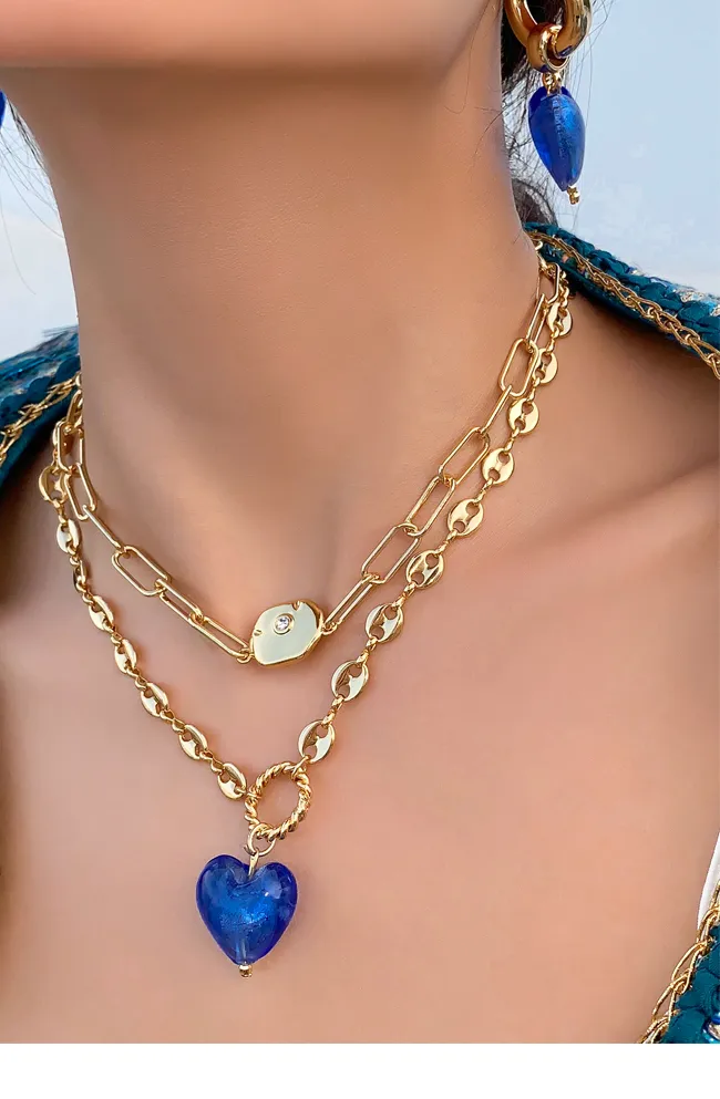 Authentic With 18K Gold Colorful Galss Heart Necklace Jewelry Runway Gown Hiphop Boho Rare Glam Japan