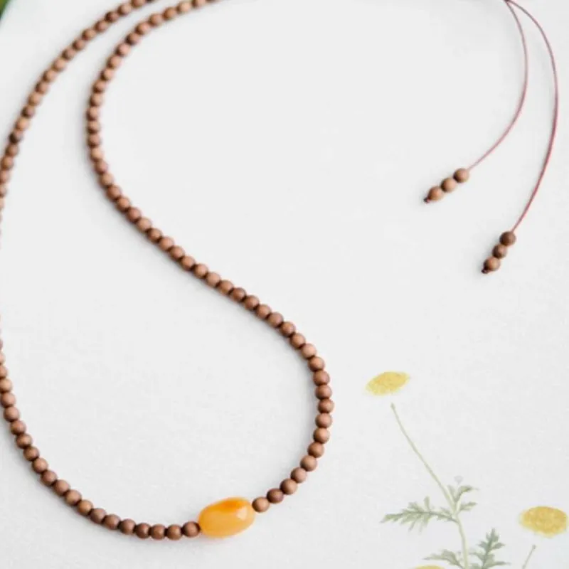 Authentic Handmade Genuine Sandalwood Beaded Necklace With Beeswax Amber Spacer Ethnic Jewelry For Him