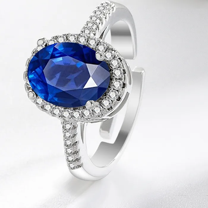 Authentic Lailiy 925 Sterling Silver Oval Blue Zircon Adjustable Ring Jewelry Birthday