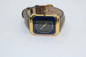 Authentic Miyoko 3 Micron Gold Plated Gold/Blue Bezel Gray Leather Strap Ladies Watch