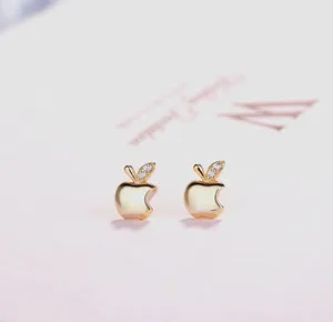 Authentic Tiny 14k Gold Plated Apple Pave Cubic Zirconia Stud Earrings