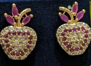 Authentic WOMEN  GOLD PLATED CZ AD RUBY STONE APPLE  STUNNING STUD INDIAN PARTY EARRINGS