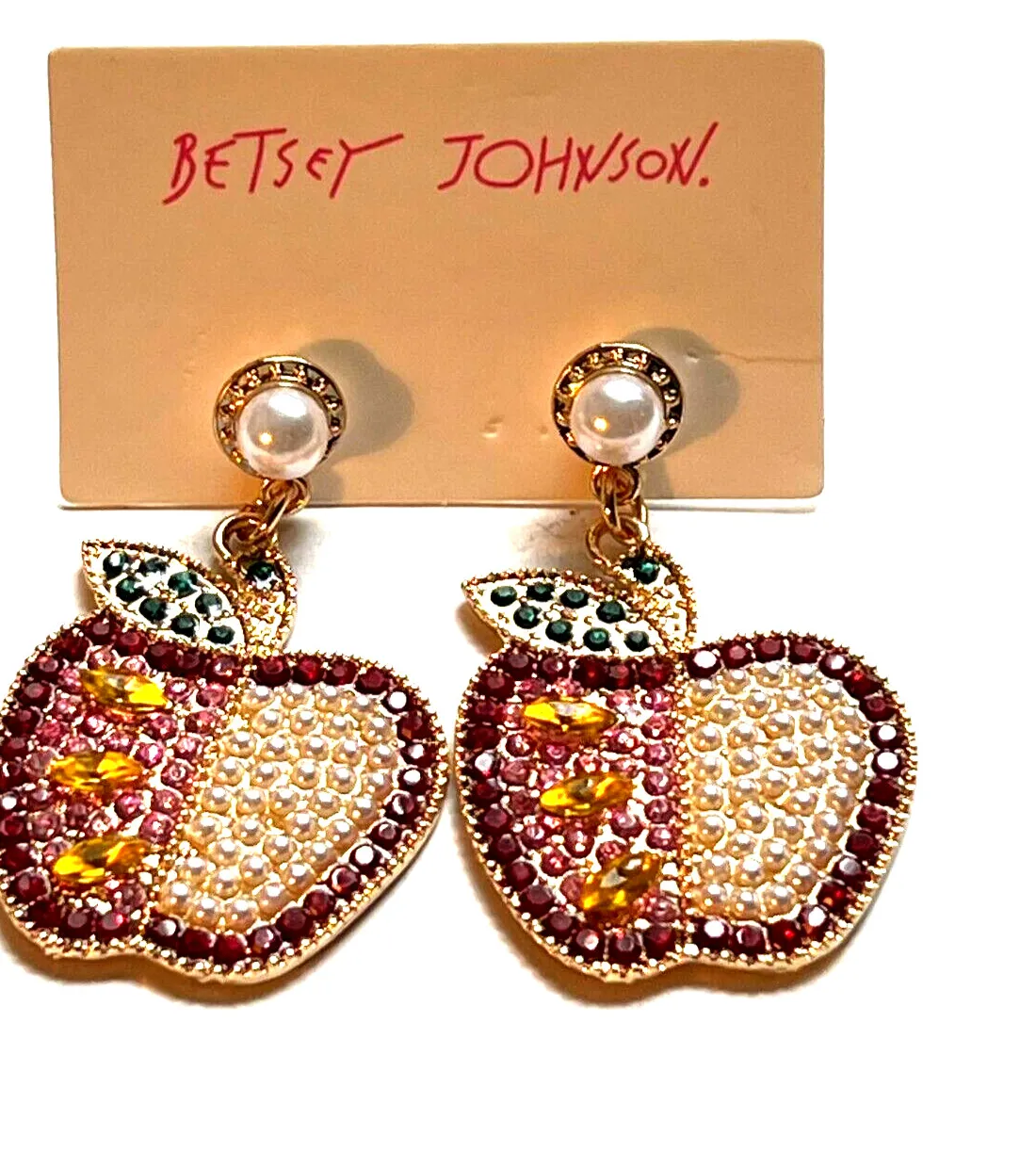Authentic Pearlescent Wisdom: Rhinestone Apple of Knowledge Earrings