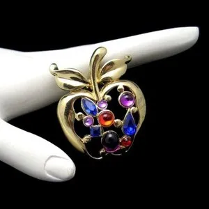 Authentic Vintage Apple Brooch Pin Red Purple Lucite Blue Rhinestones Gold Plated
