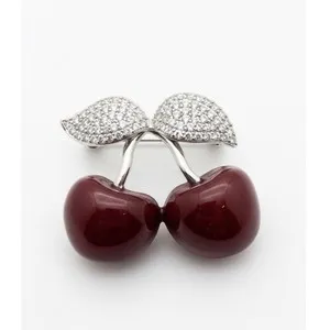 Authentic Elegant Gold Plated Apple Brooch Pin for Women Red Apples & White Crystals