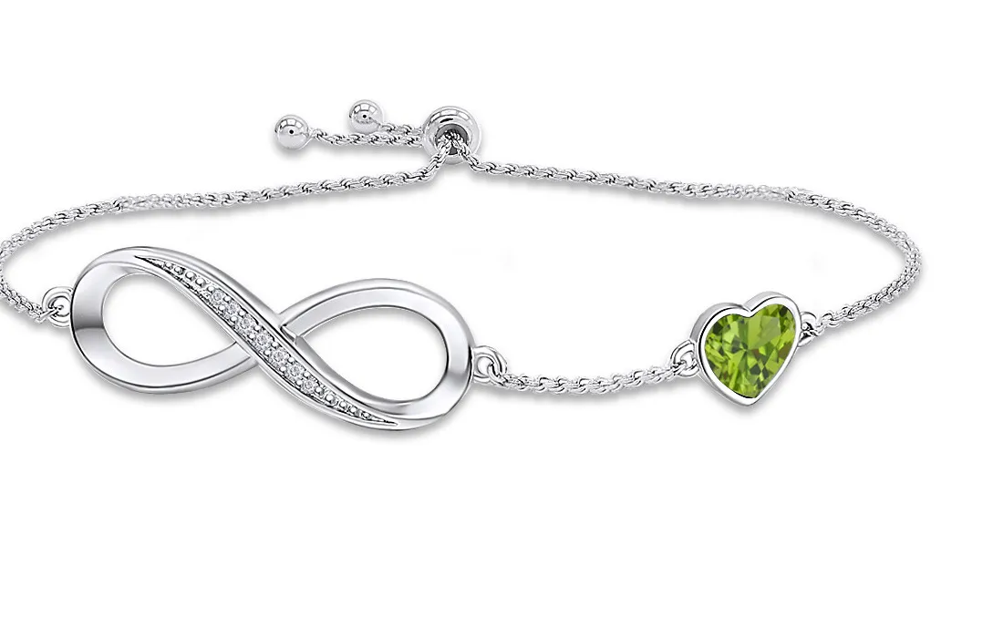 Authentic Simulated Diamond Peridot Heart Symbol Charm Bracelet in 14K Gold Plated Silver