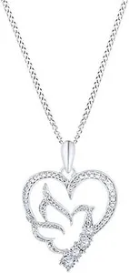 Authentic White Natural Diamond Heart with Dove Pendant Necklace 14k Gold Plated 925