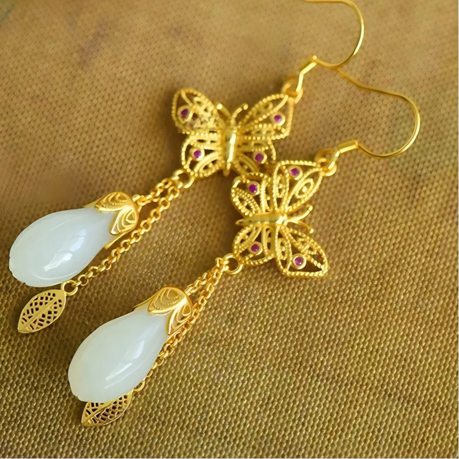 Authentic Wings of Serenity: Jade Butterfly Dangle Earrings for Harmonious Balance